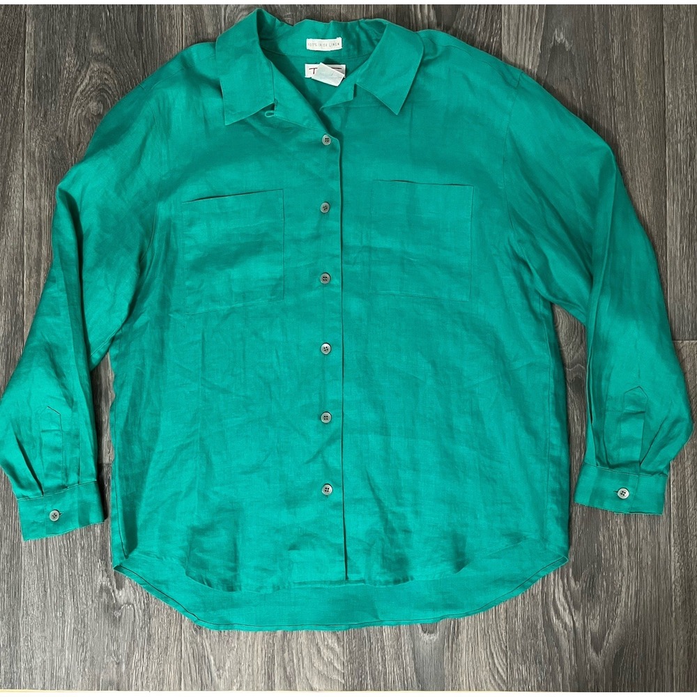 Talbots Womens Sz 16 Green Irish Linen Button Up Shirt Lagenlook Coastal Classic